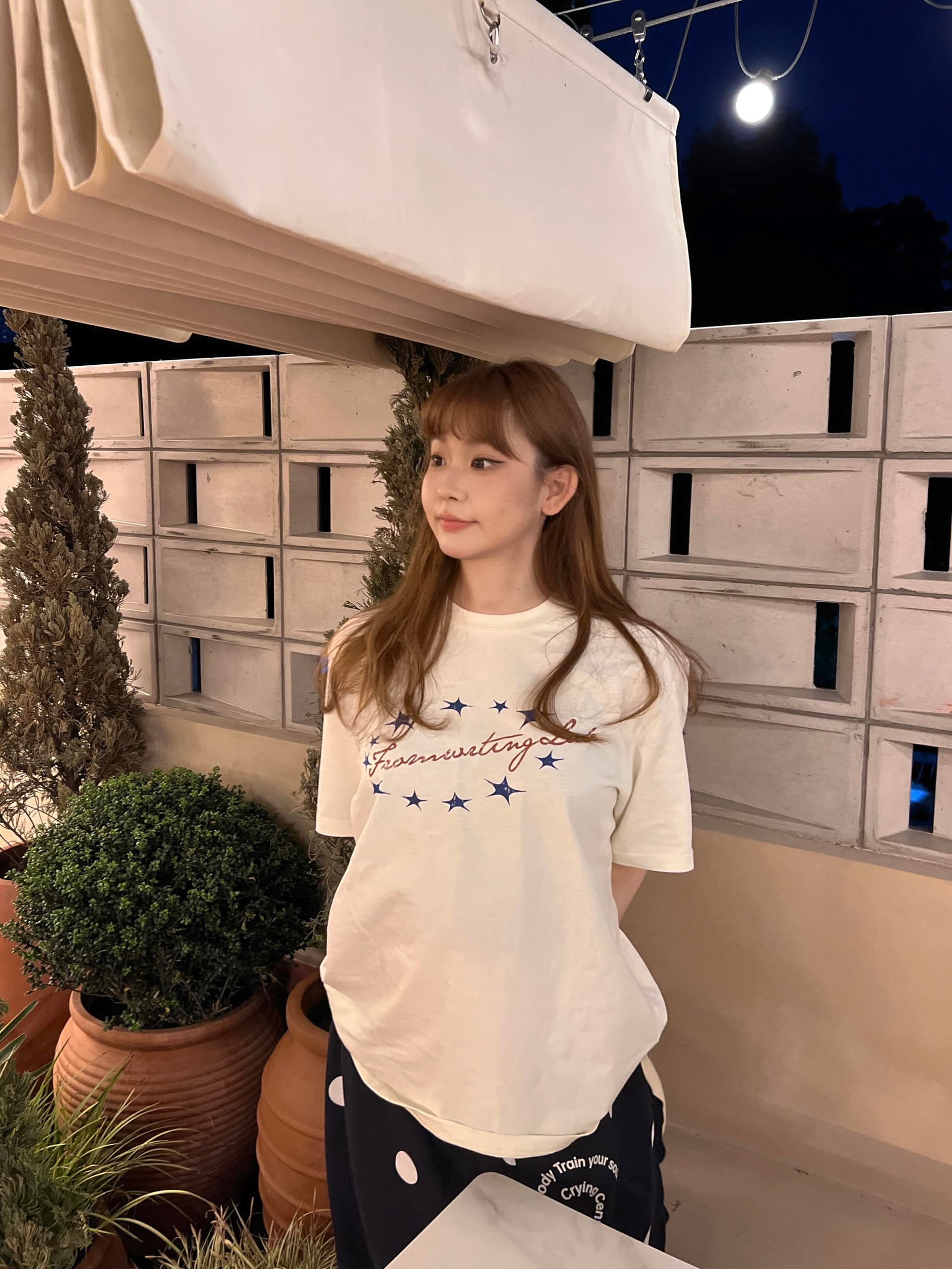 일본식 수채화 별 일러스트레이션 프린트 반팔 라운드 넥 티셔츠 여름 루즈핏 다용도 대나무 마디 면 맨위 상세 이미지 1