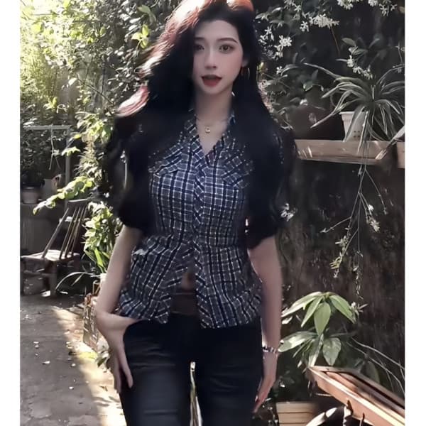 한 부서 핫걸 파란색 체크무늬 반팔 여성 셔츠 프랑스식 Chic 몸매 가꾸기 꼬집기 허리 작은 셔츠 맨위 이미지 3