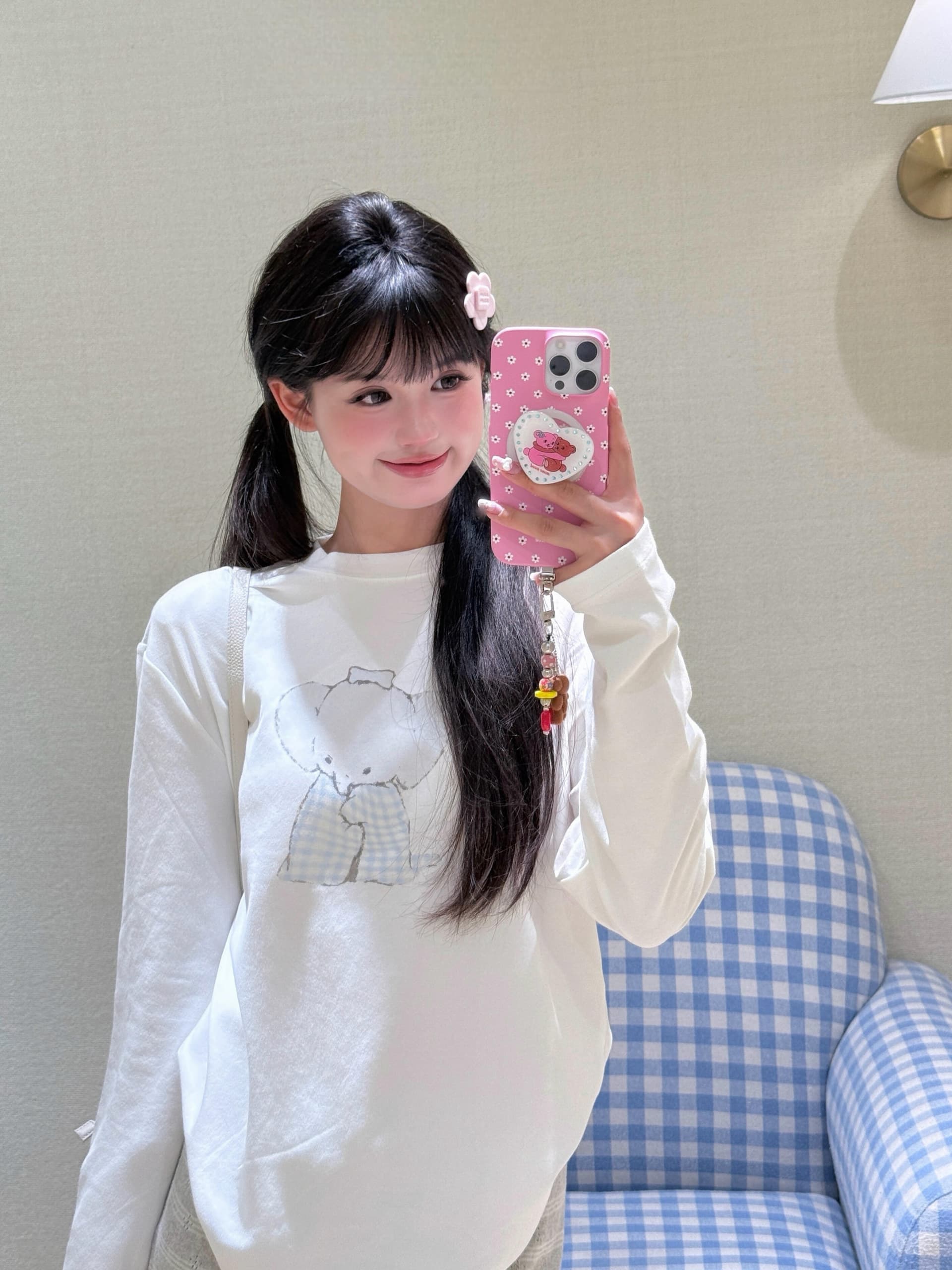 작은 대중 한국 ins 블루 그리드 아기 코끼리 순면 라운드 넥 긴팔 티셔츠 여성 품격 루즈핏 캐주얼 연령 감소 귀여운 맨위
