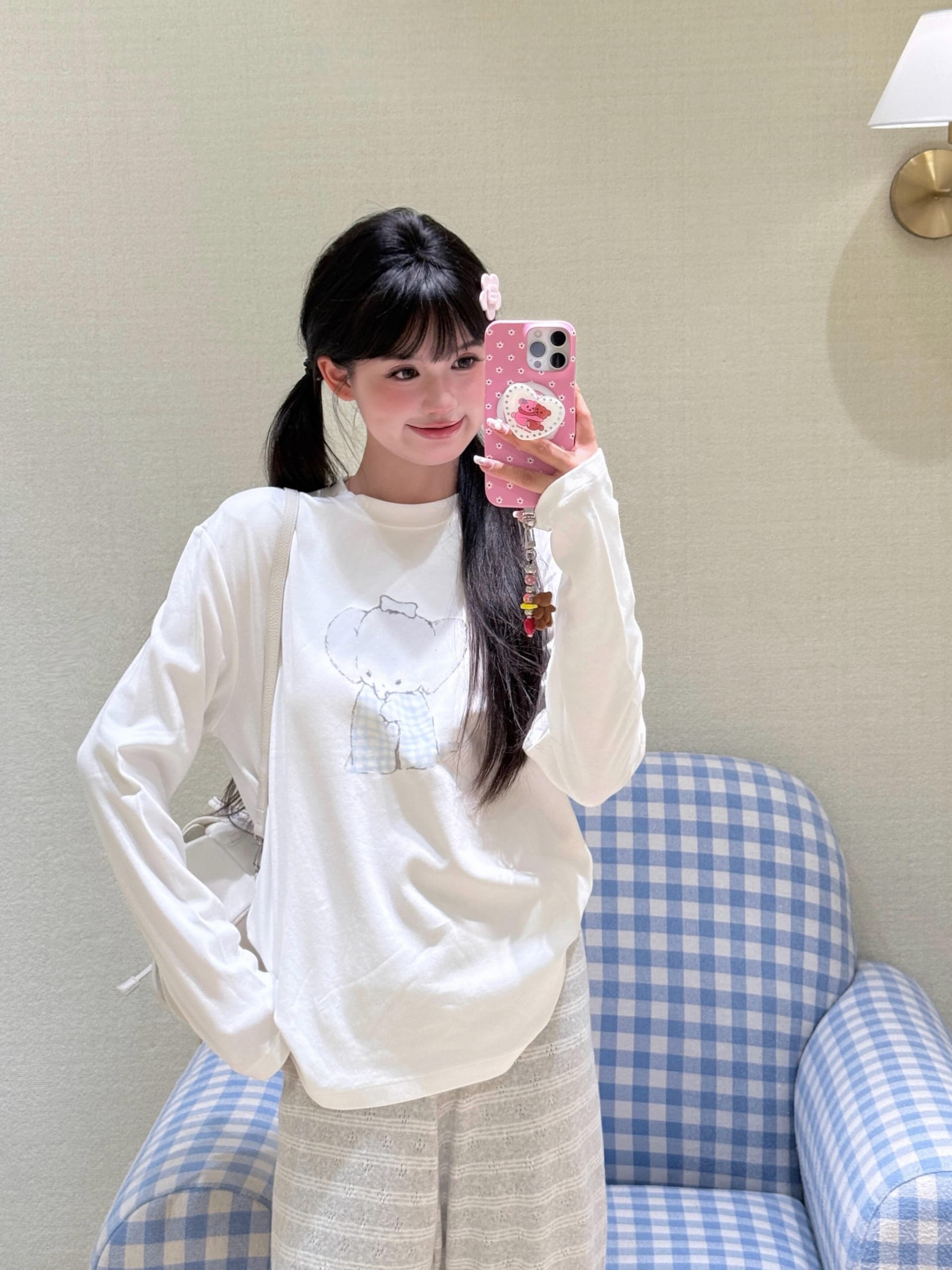 작은 대중 한국 ins 블루 그리드 아기 코끼리 순면 라운드 넥 긴팔 티셔츠 여성 품격 루즈핏 캐주얼 연령 감소 귀여운 맨위 상세 이미지 2