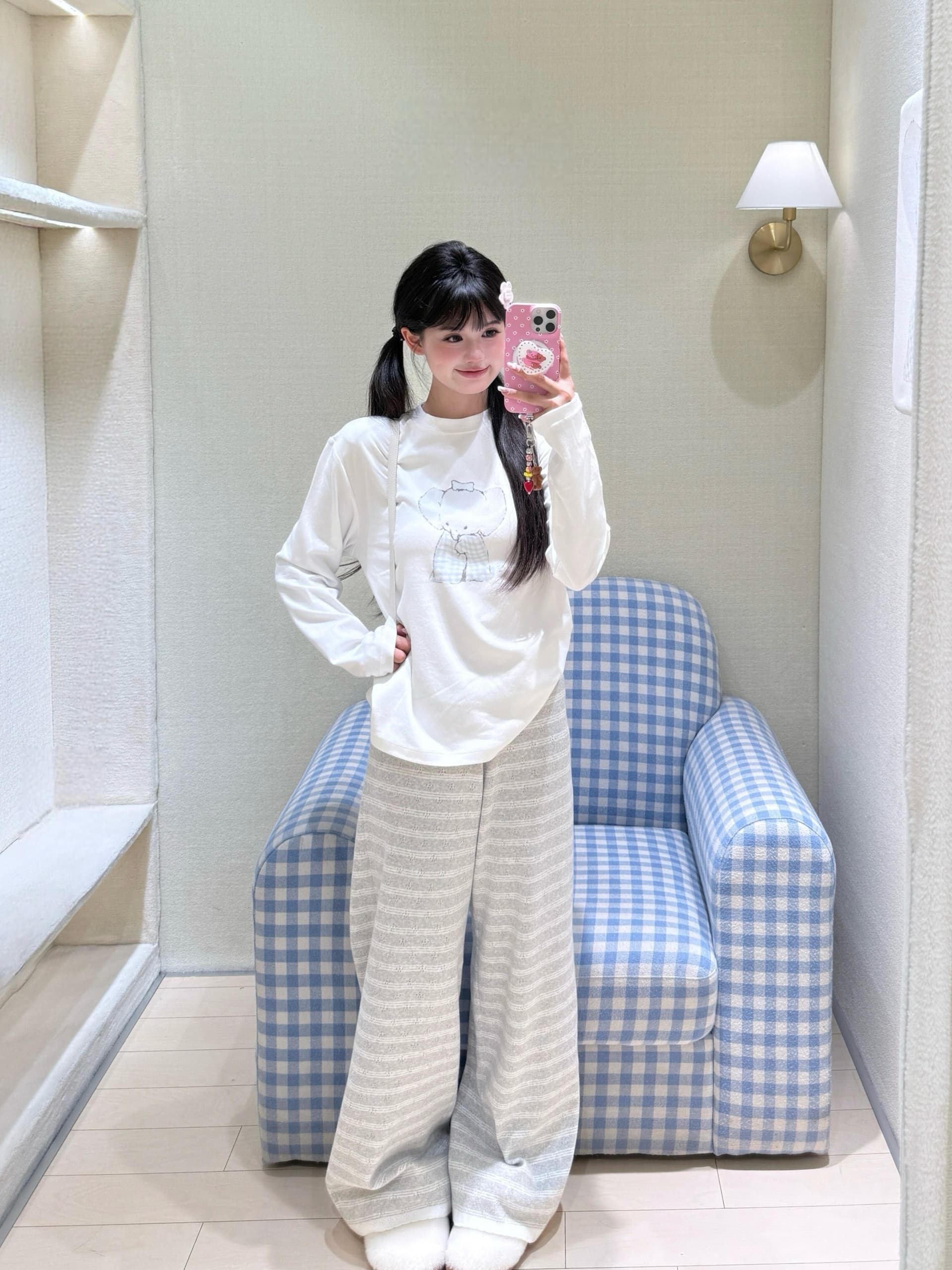 작은 대중 한국 ins 블루 그리드 아기 코끼리 순면 라운드 넥 긴팔 티셔츠 여성 품격 루즈핏 캐주얼 연령 감소 귀여운 맨위 상세 이미지 4