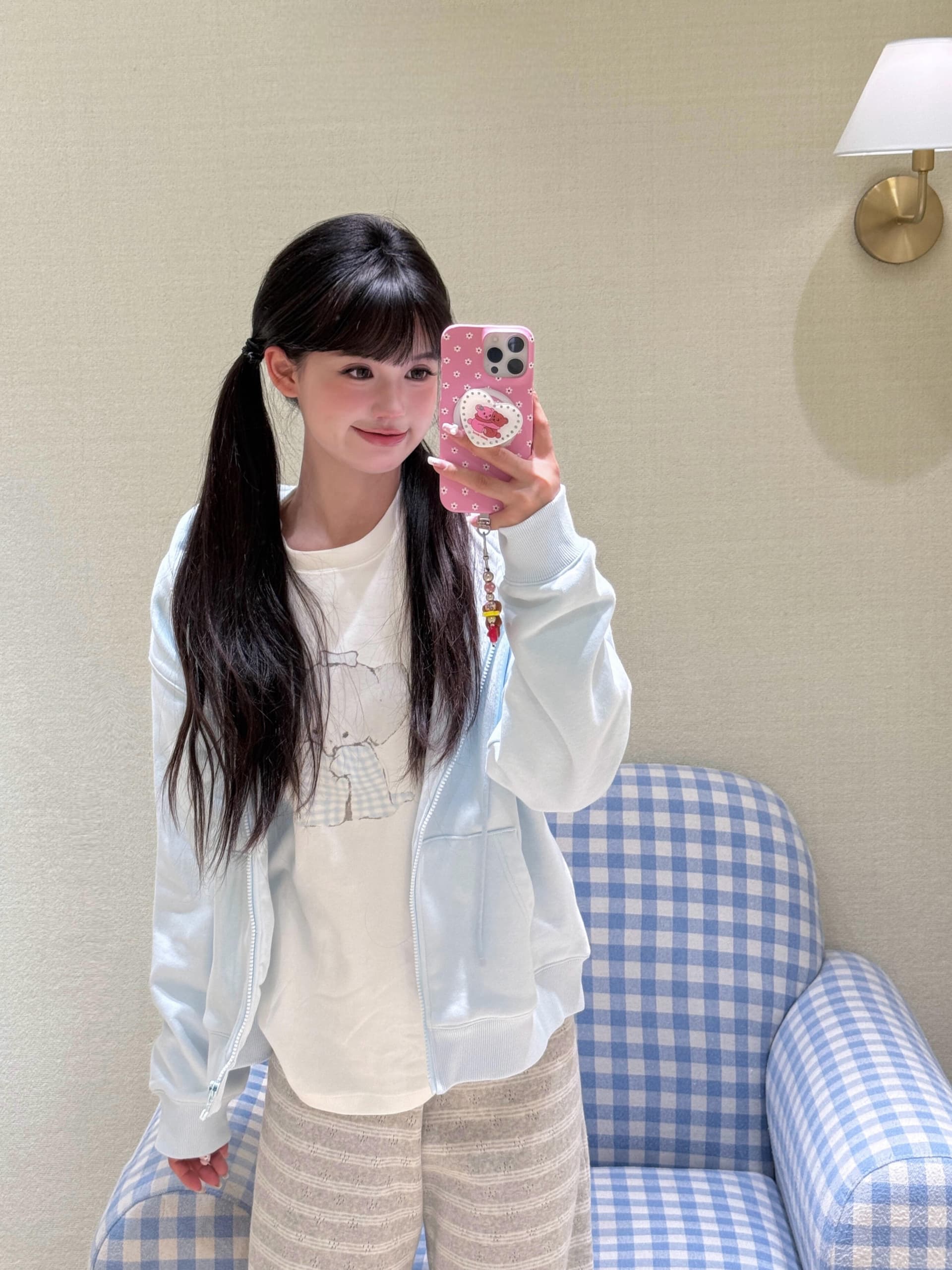 작은 대중 한국 ins 블루 그리드 아기 코끼리 순면 라운드 넥 긴팔 티셔츠 여성 품격 루즈핏 캐주얼 연령 감소 귀여운 맨위 상세 이미지 5