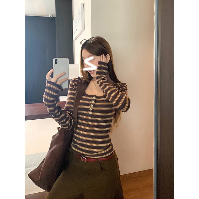 양모 스트라이프 긴팔 티셔츠 여성 가을 겨울 인사이드 가져 가라. 기본 셔츠 털이 있는 De 플러시 맨위 이미지 5