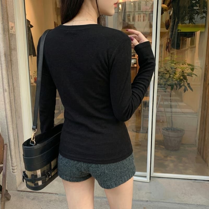 헨리 칼라 털이 있는 긴팔 티셔츠 기본 셔츠 여성 인사이드 잡아라. 의류 이미지 2