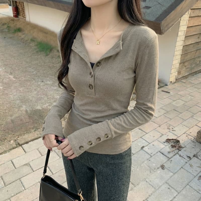 뮤 S 양모 헨리 V넥 단추 긴팔 티셔츠 기본 셔츠 여성 가을 겨울 맨위 이미지 4