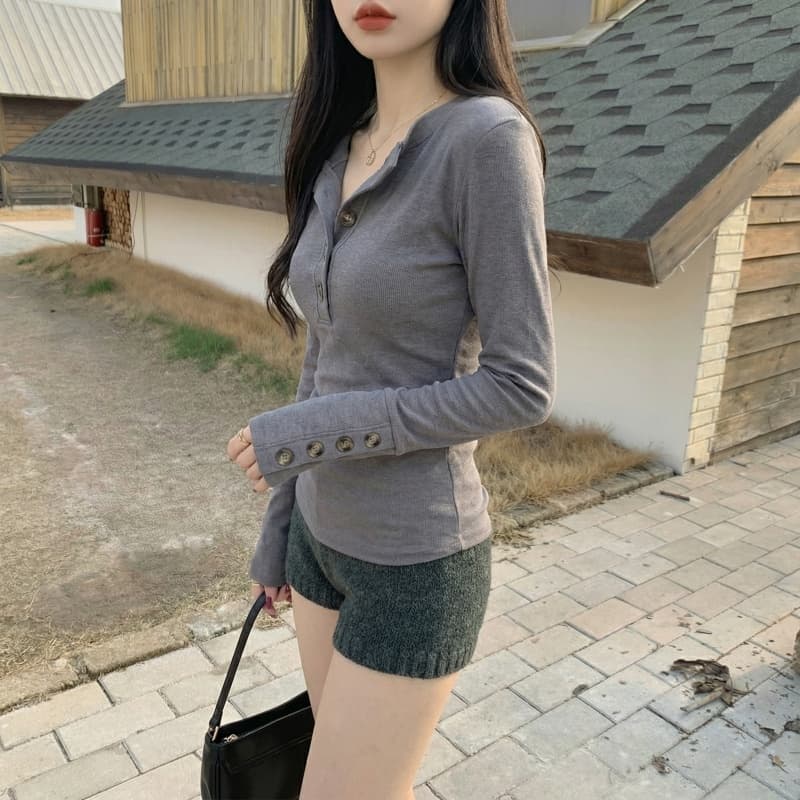 뮤 S 양모 헨리 V넥 단추 긴팔 티셔츠 기본 셔츠 여성 가을 겨울 맨위 이미지 3
