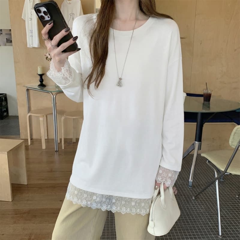 리브 De 플러시 레이스 기본 셔츠 여성 봄 가을 겨울 긴팔 티셔츠 중간 길이 털이 있는