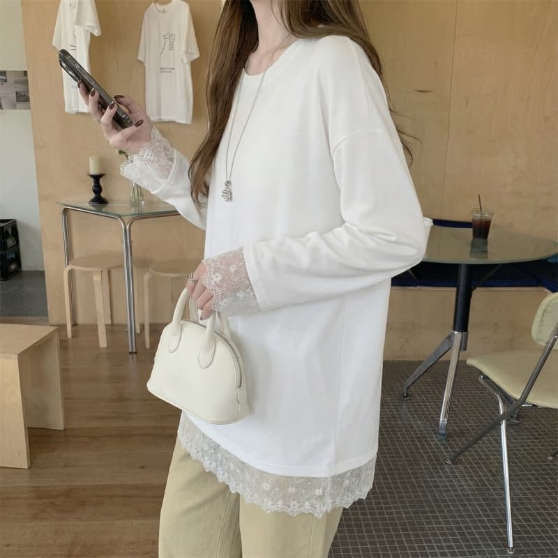 리브 De 플러시 레이스 기본 셔츠 여성 봄 가을 겨울 긴팔 티셔츠 중간 길이 털이 있는 상세 이미지 3