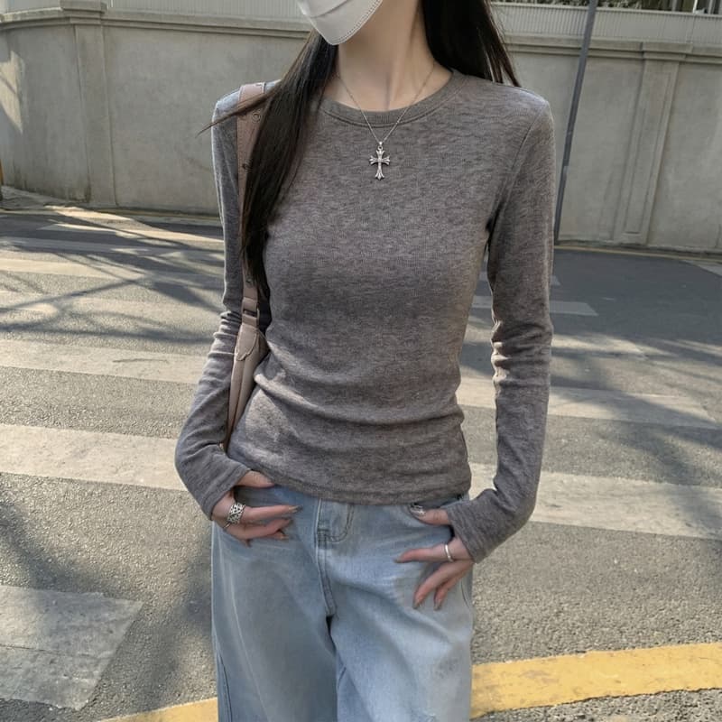 De 플러시 기본 셔츠 여성 봄 가을 겨울 긴팔 티셔츠 털이 있는 라운드 넥 긍정적 인 어깨 이미지 3