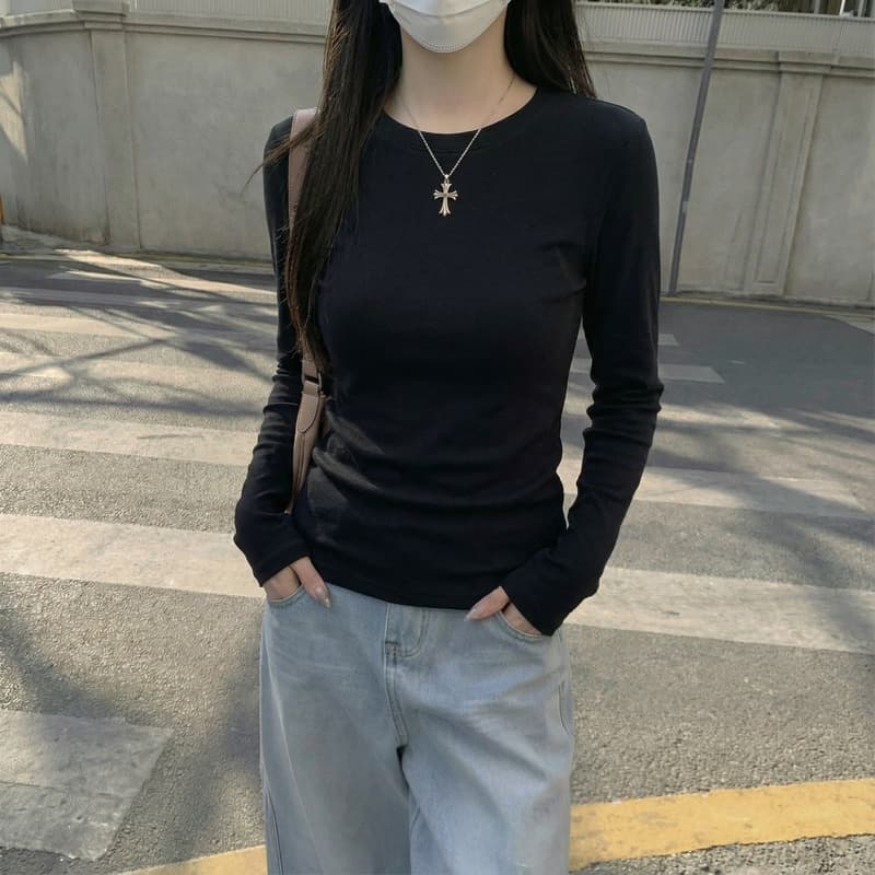 De 플러시 기본 셔츠 여성 봄 가을 겨울 긴팔 티셔츠 털이 있는 라운드 넥 긍정적 인 어깨 이미지 4