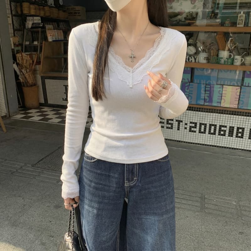 V넥 레이스 기본 셔츠 여성 봄 가을 겨울 털이 있는 긴팔 티셔츠 De 플러시 이미지 3