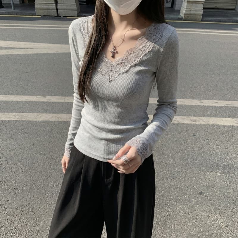 V넥 레이스 기본 셔츠 여성 봄 가을 겨울 털이 있는 긴팔 티셔츠 De 플러시 이미지 2
