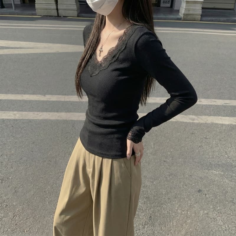 V넥 레이스 기본 셔츠 여성 봄 가을 겨울 털이 있는 긴팔 티셔츠 De 플러시 이미지 4