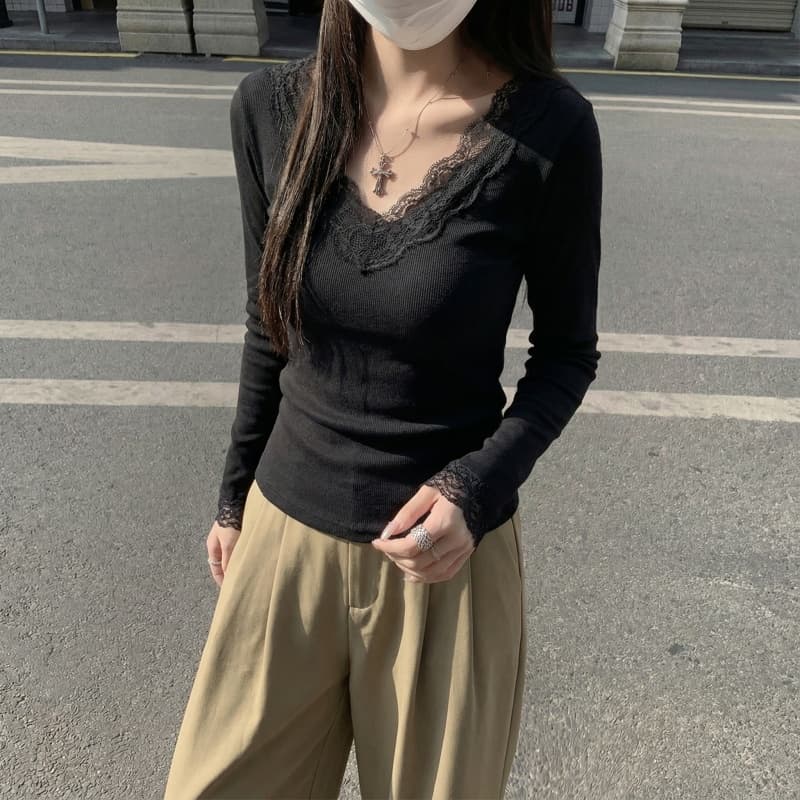 V넥 레이스 기본 셔츠 여성 봄 가을 겨울 털이 있는 긴팔 티셔츠 De 플러시 상세 이미지 1