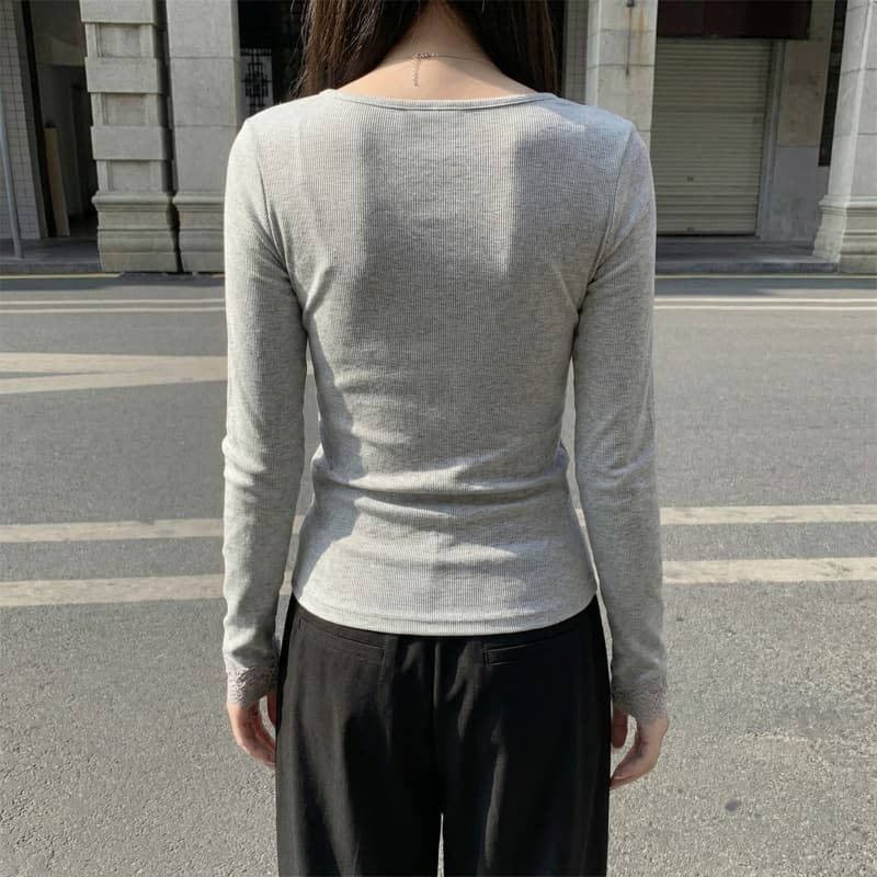 V넥 레이스 기본 셔츠 여성 봄 가을 겨울 털이 있는 긴팔 티셔츠 De 플러시 상세 이미지 5