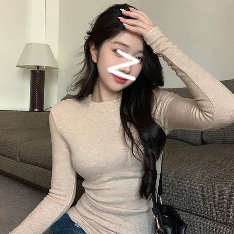 모달 사람들 면 긍정적 인 어깨 라운드 넥 긴팔 기본 셔츠 티셔츠 여성 봄 가을 맨위 인사이드 가져 가라. 상세 이미지 1