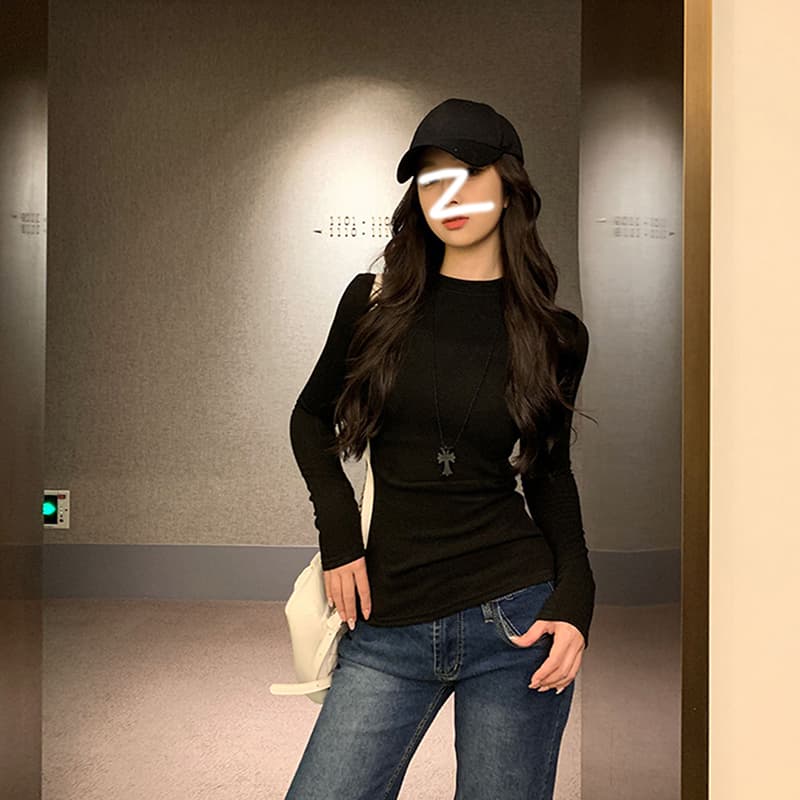 모달 사람들 면 긍정적 인 어깨 라운드 넥 긴팔 기본 셔츠 티셔츠 여성 봄 가을 맨위 인사이드 가져 가라. 상세 이미지 5