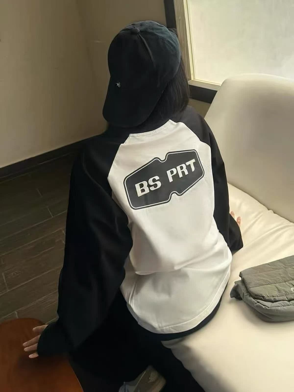 아메리칸 작은 대중 레트로 알파벳 프린트 삽입 어깨 긴팔 라운드 넥 티셔츠 가을 루즈핏 다용도 순면 패치워크 색상 맨위 상세 이미지 1