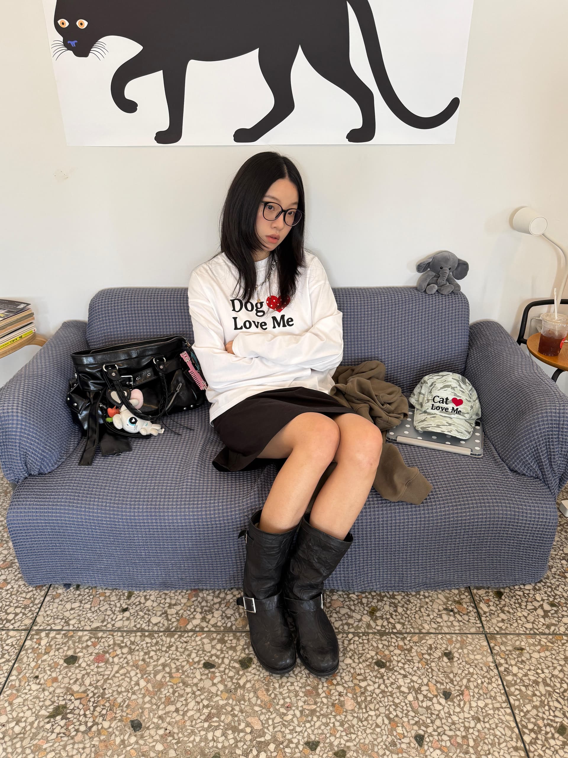 작은 대중 미니멀리즘 고양이 개 나를 사랑해. 프린트 느긋한 캐주얼 루즈핏 순면 편안함 긴팔 티셔츠 맨위 여성 이미지 2