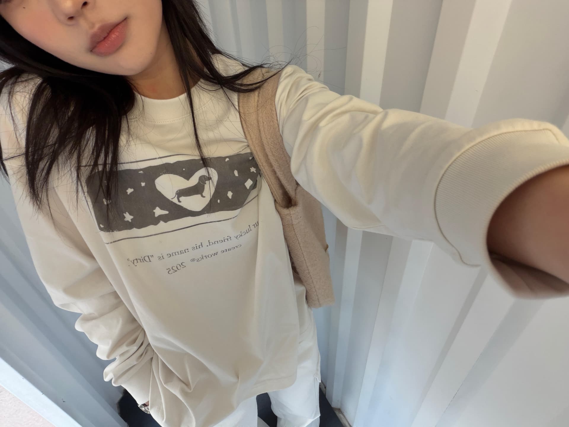 한 부서 chic 강아지 프린트 긴팔 티셔츠 여성 2026 가을 새로운 루즈핏 캐주얼 작은 대중 그레이트 봐. 의류 상세 이미지 4