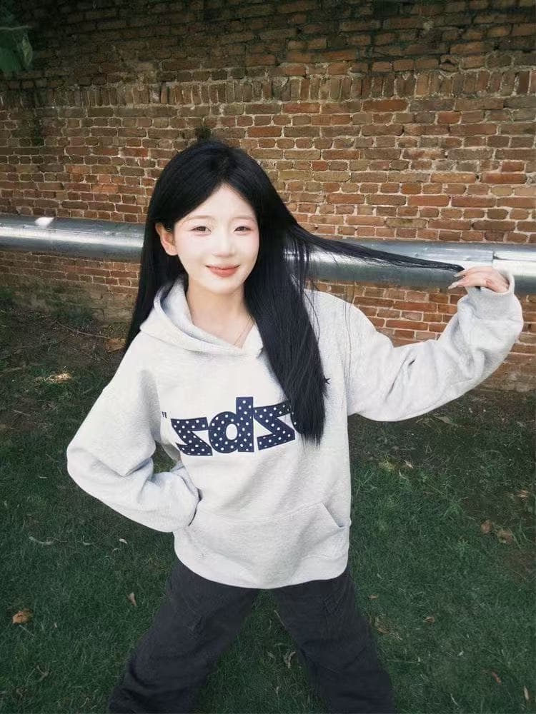한 부서 도트 무늬 프린트 후드 티 스웨터 여성 봄 가을 디자인 센스 루즈핏 커플 맨위 트렌디 이미지 4