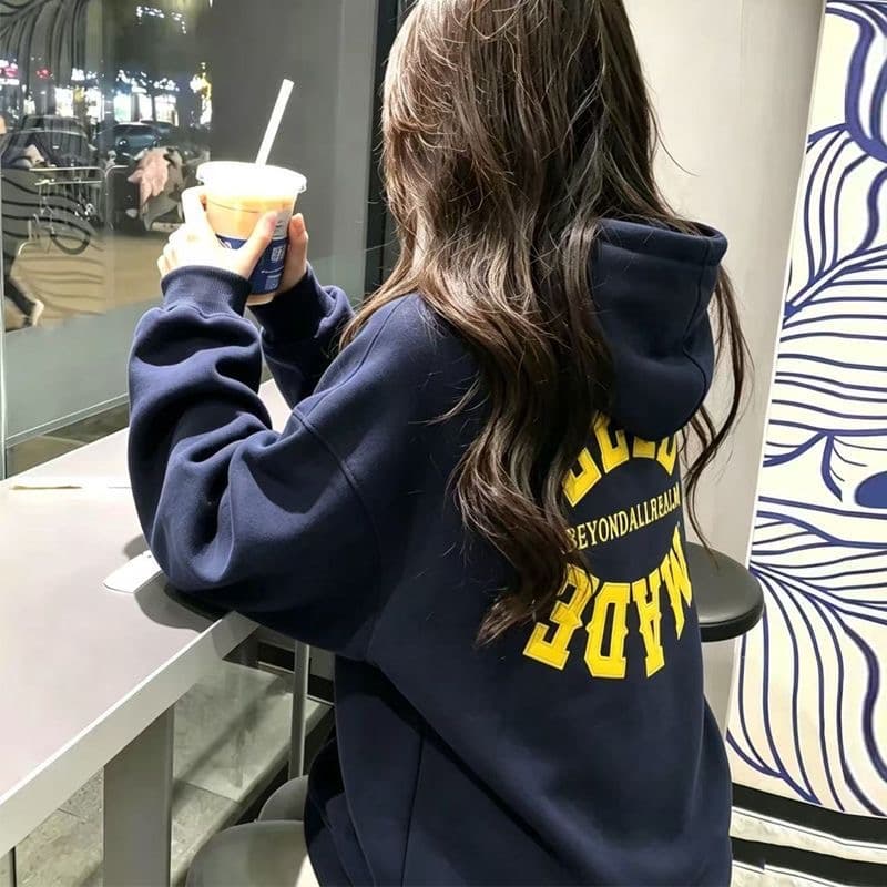 한 부서 미니멀리즘 알파벳 프린트 후드티 루즈핏 캐주얼 다용도 맨위 해군 느긋한 바람 가을 겨울 후드 풀오버 상세 이미지 1