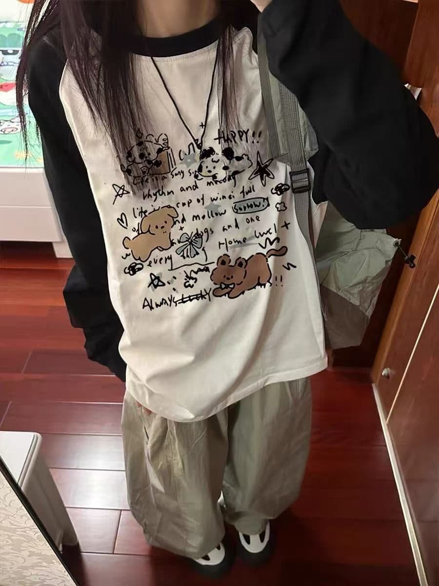 가을 겨울철 만화 강아지 패치워크 색상 긴팔 티셔츠 여성 순면 루즈핏 아메리칸 레트로 기본 셔츠 ins 이미지 4