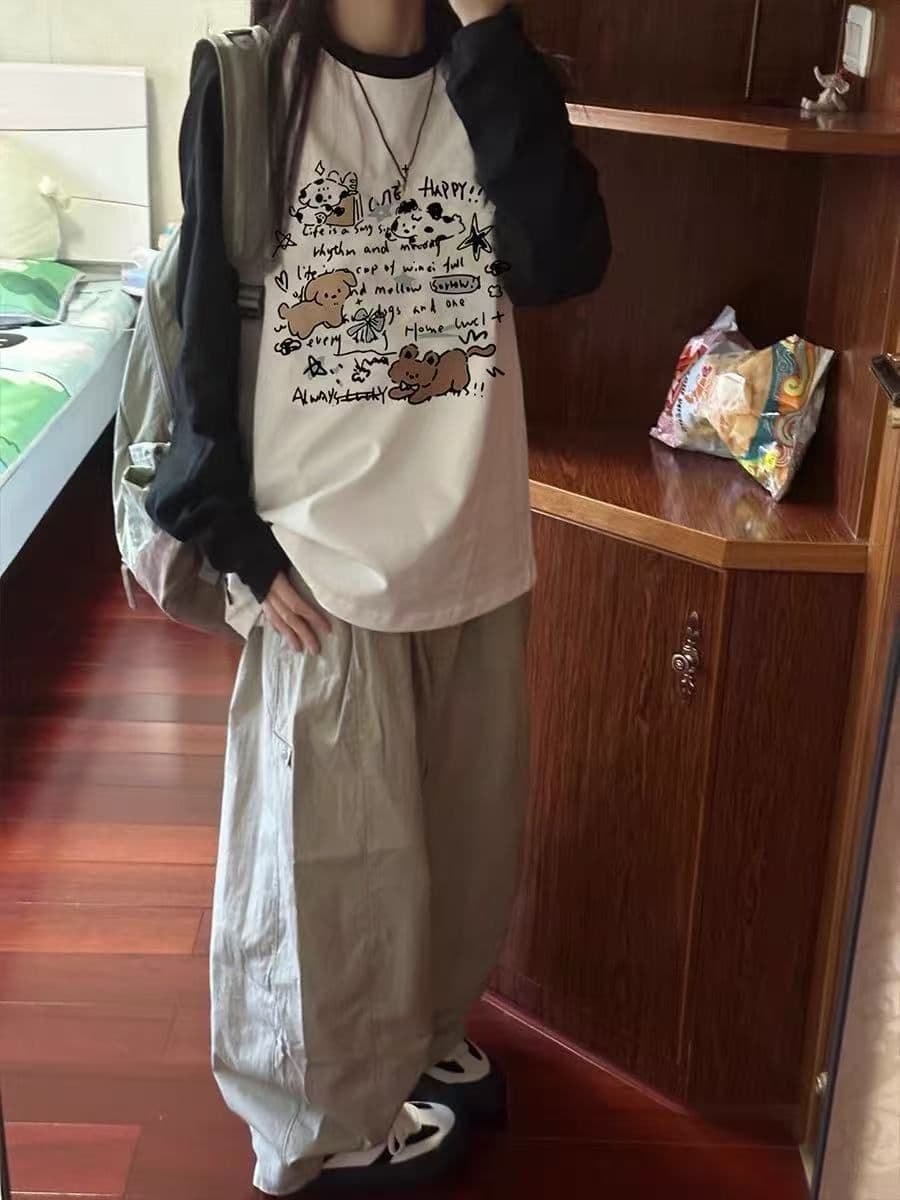가을 겨울철 만화 강아지 패치워크 색상 긴팔 티셔츠 여성 순면 루즈핏 아메리칸 레트로 기본 셔츠 ins 상세 이미지 2