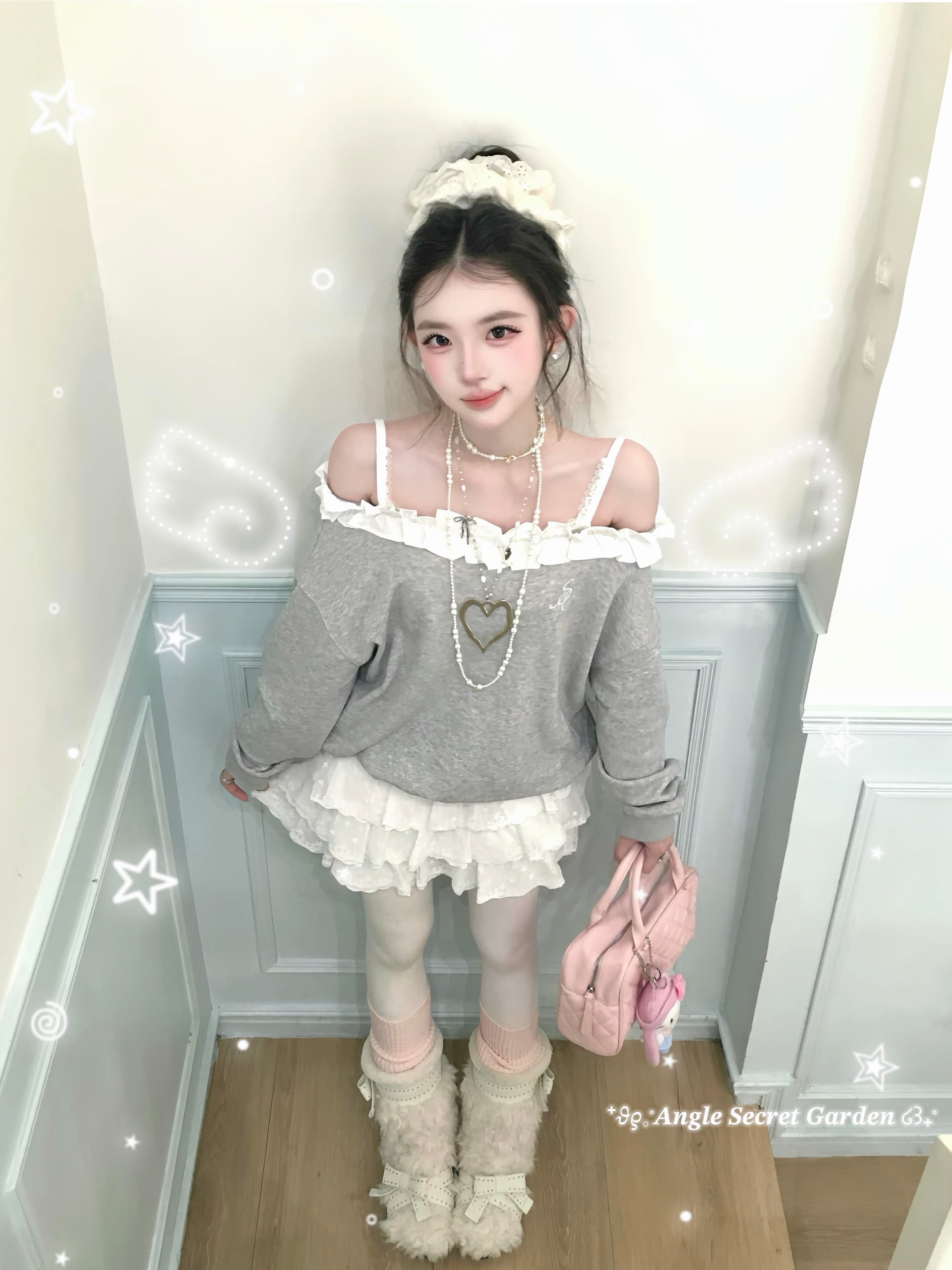아메리칸 레트로 자수 회색 두꺼운 비스듬한 어깨 후드티 여성 가을 겨울 한 부서 루즈핏 달콤한 핫걸 한 단어 오프숄더 맨위