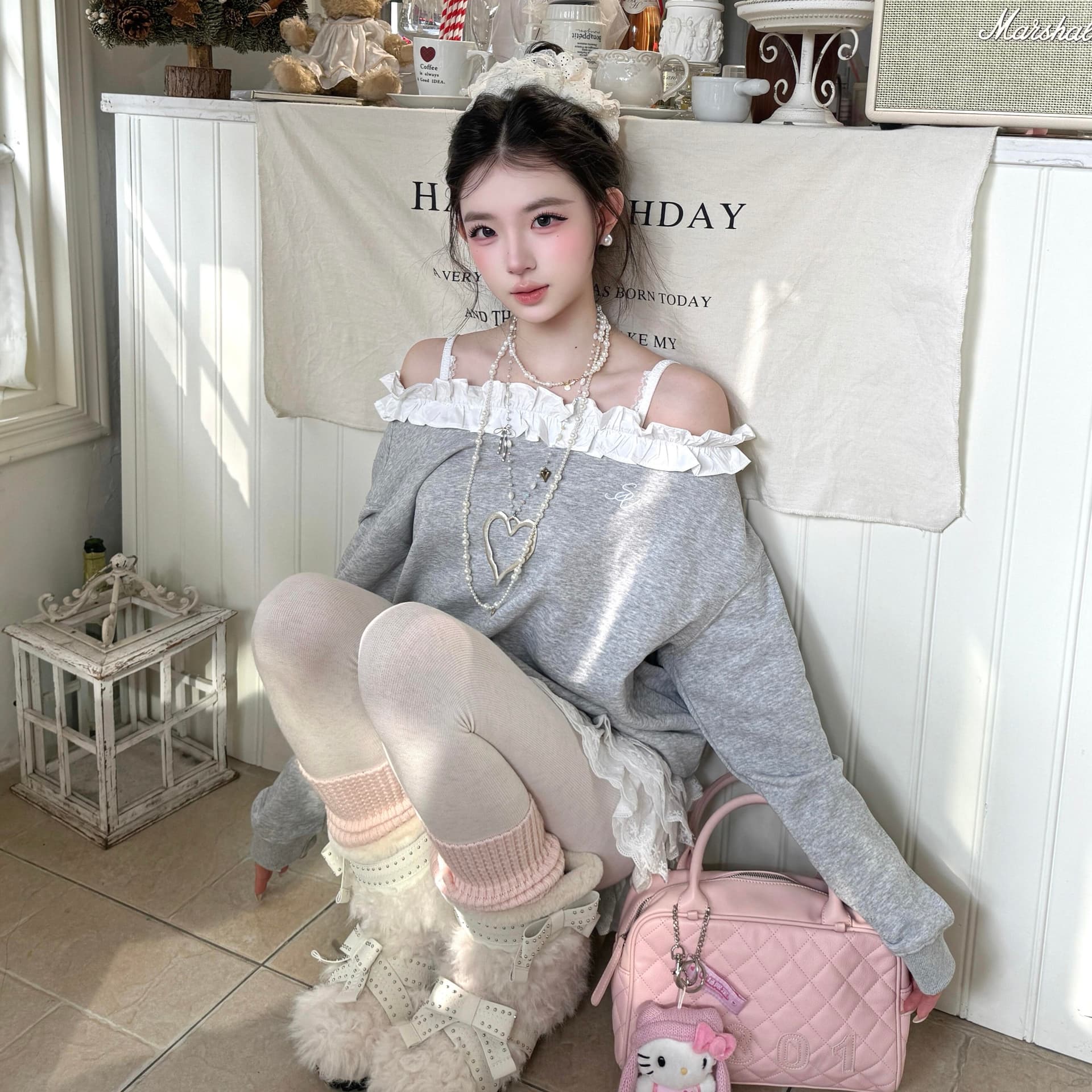 아메리칸 레트로 자수 회색 두꺼운 비스듬한 어깨 후드티 여성 가을 겨울 한 부서 루즈핏 달콤한 핫걸 한 단어 오프숄더 맨위 이미지 5