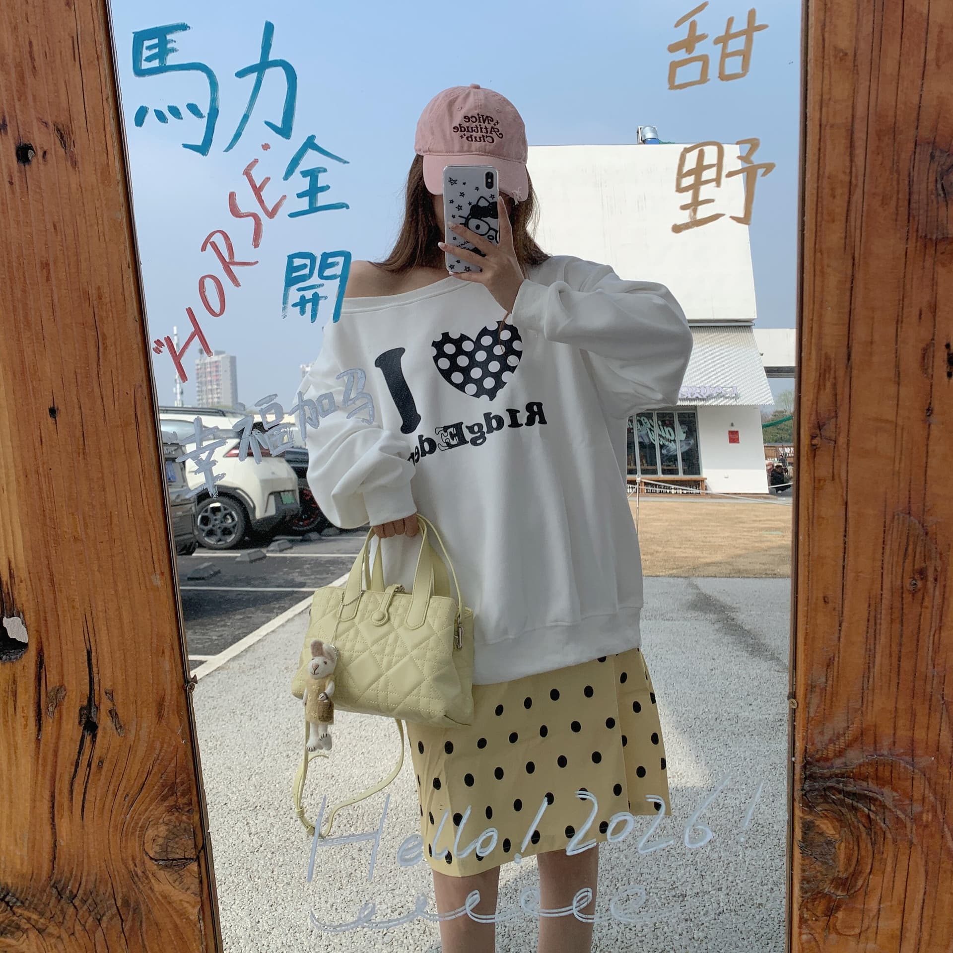 직접 만든 아메리칸 하트 도트 무늬 프린트 비스듬한 어깨 후드티 남녀 느긋한 루즈핏 캐주얼 긴팔 맨위 이미지 5
