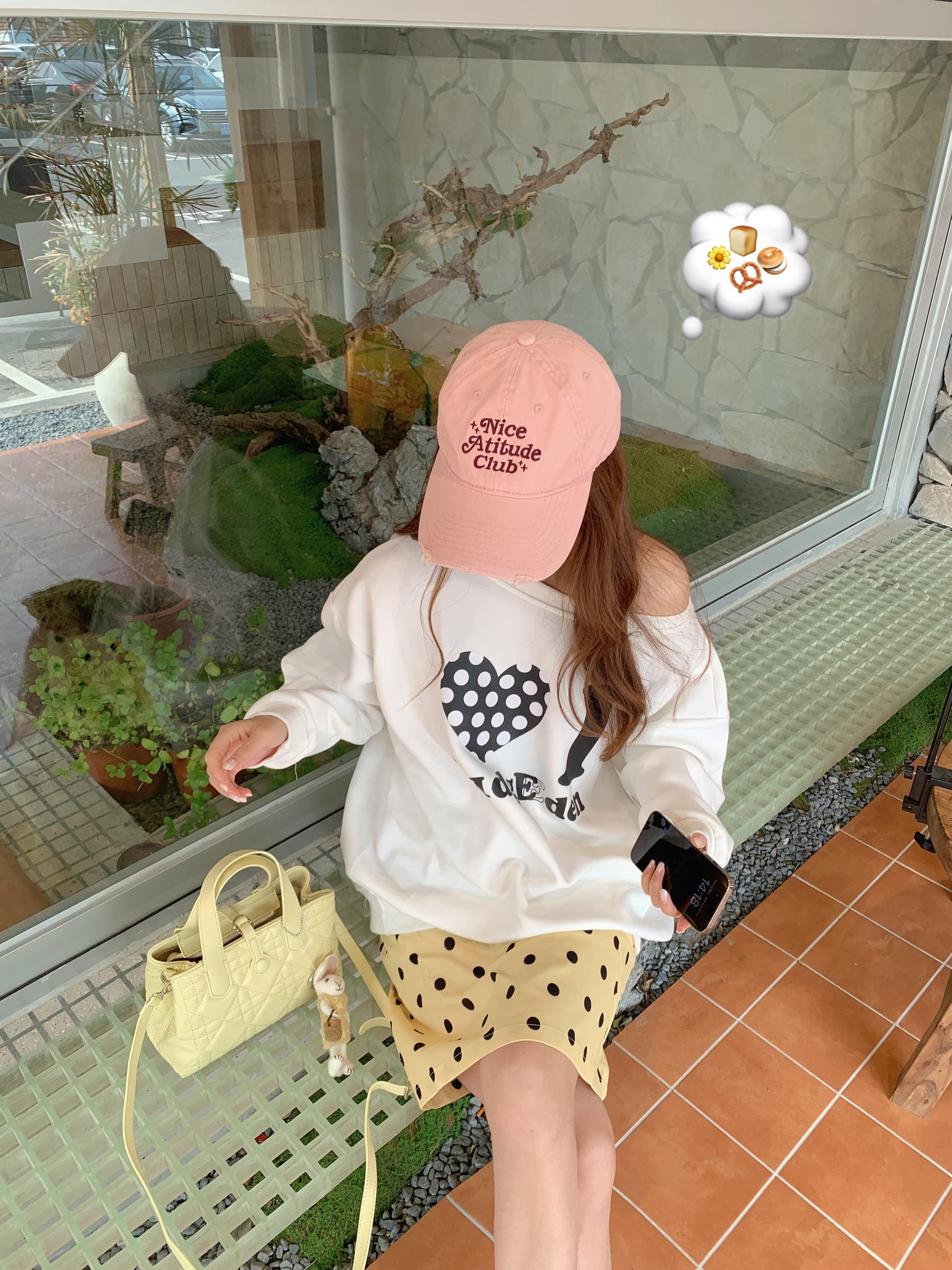 직접 만든 아메리칸 하트 도트 무늬 프린트 비스듬한 어깨 후드티 남녀 느긋한 루즈핏 캐주얼 긴팔 맨위 상세 이미지 1