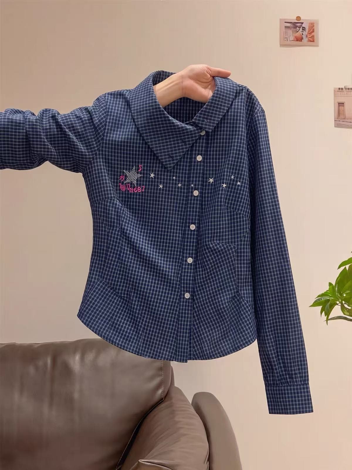 도파민 체크무늬 별 불규칙 폴로 칼라 긴팔 순면 여성 셔츠 가을 꼬집기 허리 슬림해 보이는 셔츠 상세 이미지 2