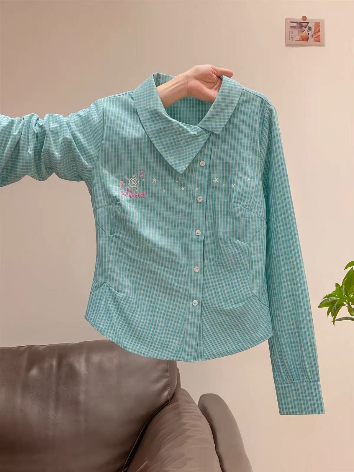도파민 체크무늬 별 불규칙 폴로 칼라 긴팔 순면 여성 셔츠 가을 꼬집기 허리 슬림해 보이는 셔츠 상세 이미지 4