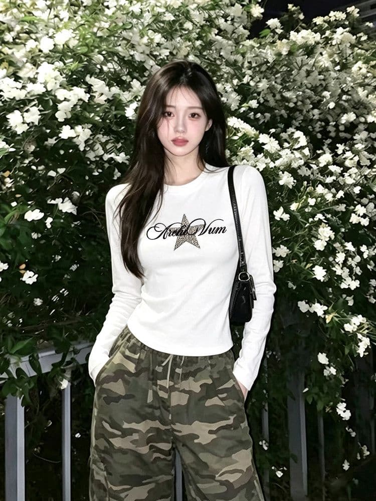 아메리칸 레오파드 무늬 별 긴팔 티셔츠 여성 긍정적 인 어깨 이른 가을 디자인 센스 핫걸 몸매 가꾸기 짧은 맨위 이미지 2