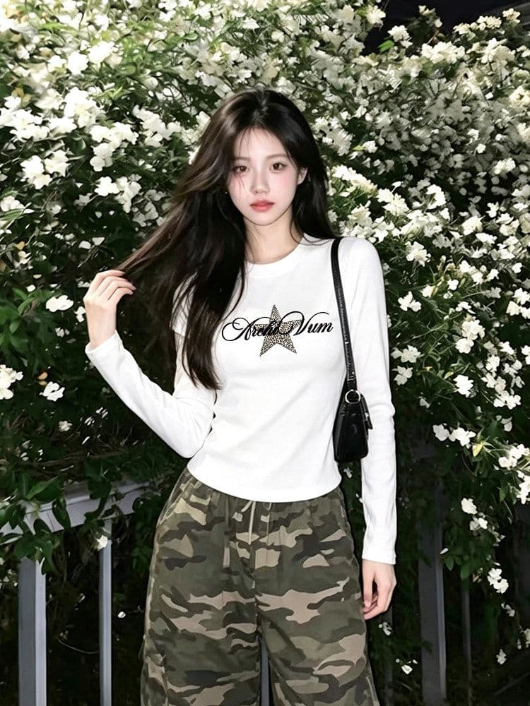 아메리칸 레오파드 무늬 별 긴팔 티셔츠 여성 긍정적 인 어깨 이른 가을 디자인 센스 핫걸 몸매 가꾸기 짧은 맨위 이미지 3