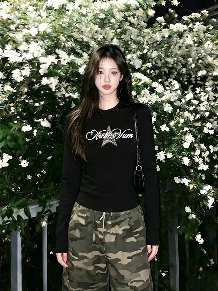 아메리칸 레오파드 무늬 별 긴팔 티셔츠 여성 긍정적 인 어깨 이른 가을 디자인 센스 핫걸 몸매 가꾸기 짧은 맨위 상세 이미지 1