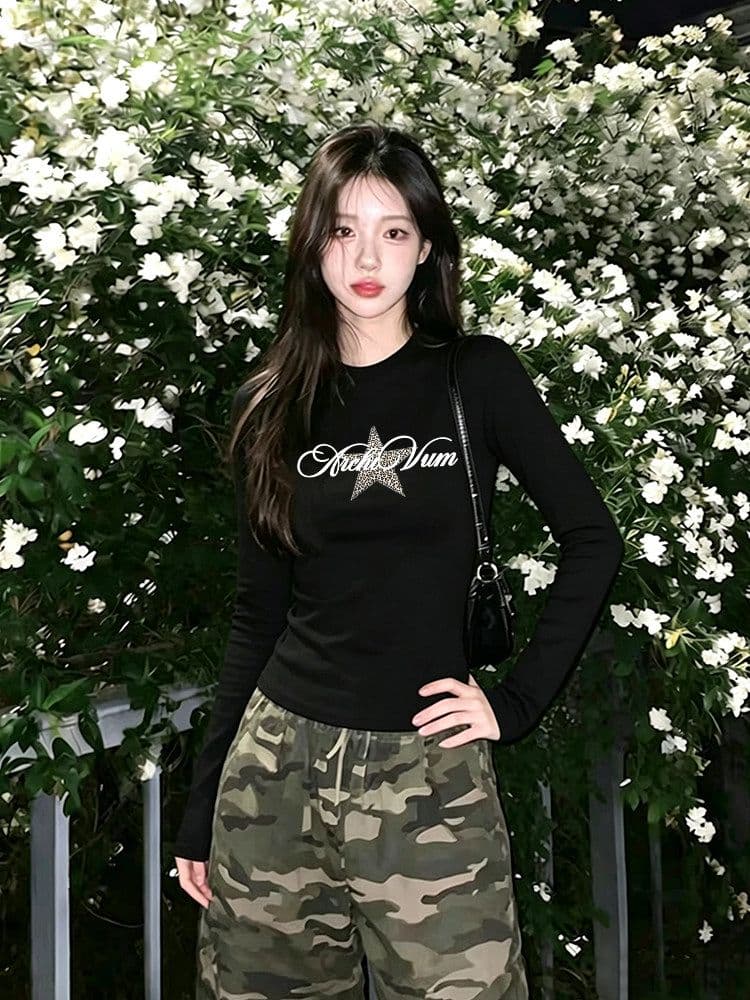 아메리칸 레오파드 무늬 별 긴팔 티셔츠 여성 긍정적 인 어깨 이른 가을 디자인 센스 핫걸 몸매 가꾸기 짧은 맨위 상세 이미지 3