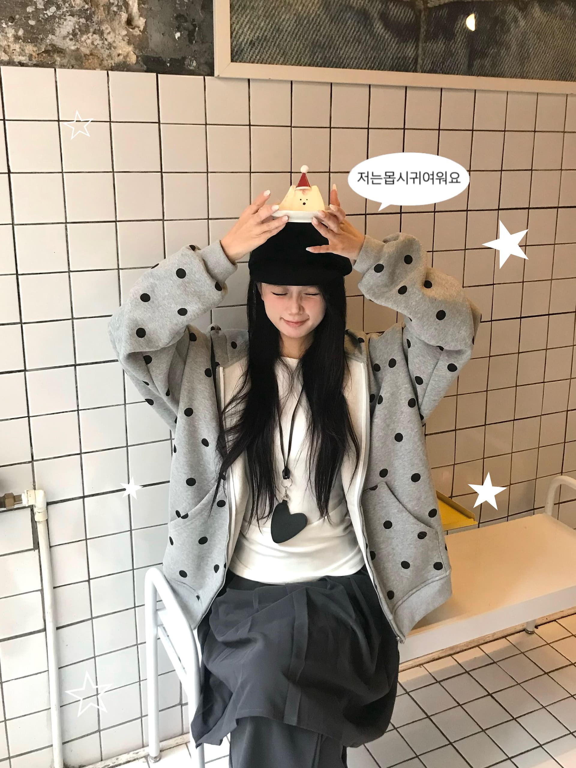 아메리칸 레트로 도트 무늬 후드 티 스웨터 여성 가을 겨울 털이 있고 두꺼운 루즈핏 슬림해 보이는 느긋한 바람 지퍼 카디건 코트 이미지 3