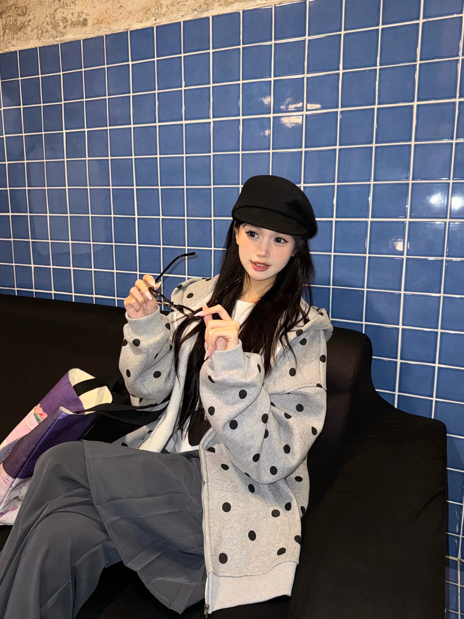 아메리칸 레트로 도트 무늬 후드 티 스웨터 여성 가을 겨울 털이 있고 두꺼운 루즈핏 슬림해 보이는 느긋한 바람 지퍼 카디건 코트 상세 이미지 1