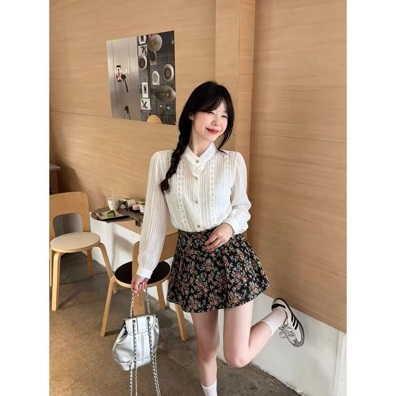 작은 샤넬 스타일 품격 명문 여성 고급 센스 레이스 홀로우 아웃 긴팔 셔츠 하이웨이스트 꽃무늬 미니 스커트 투피스 세트 상세 이미지 2