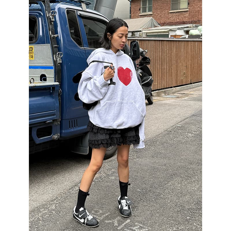 아메리칸 레트로 마 오래된 하트 낙서 프린트 가을 겨울 새로운 루즈핏 순면 무거운 후드 티 스웨터 상세 이미지 2