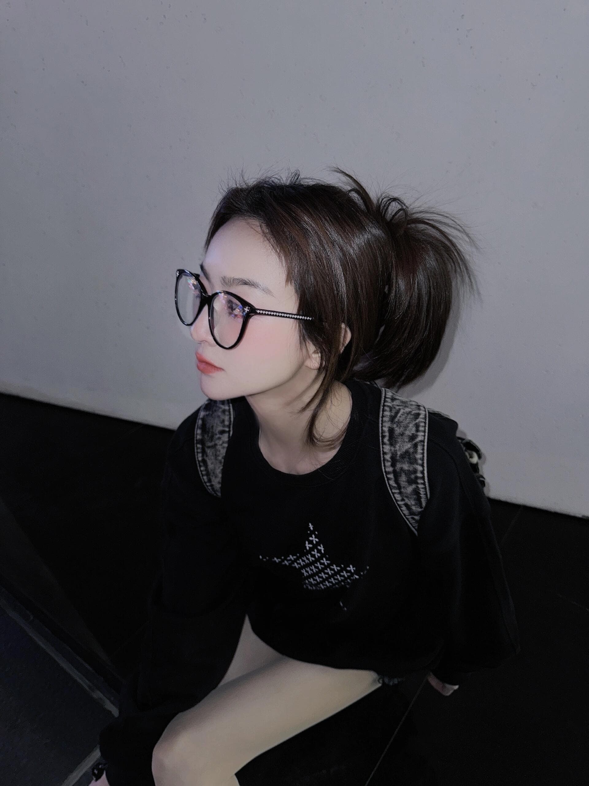 아메리칸 레트로 별 프린트 순면 후드티 여성 가을 겨울 털이 있는 루즈핏 라운드 넥 학원 스타일 검정색 캐주얼 맨위 이미지 3