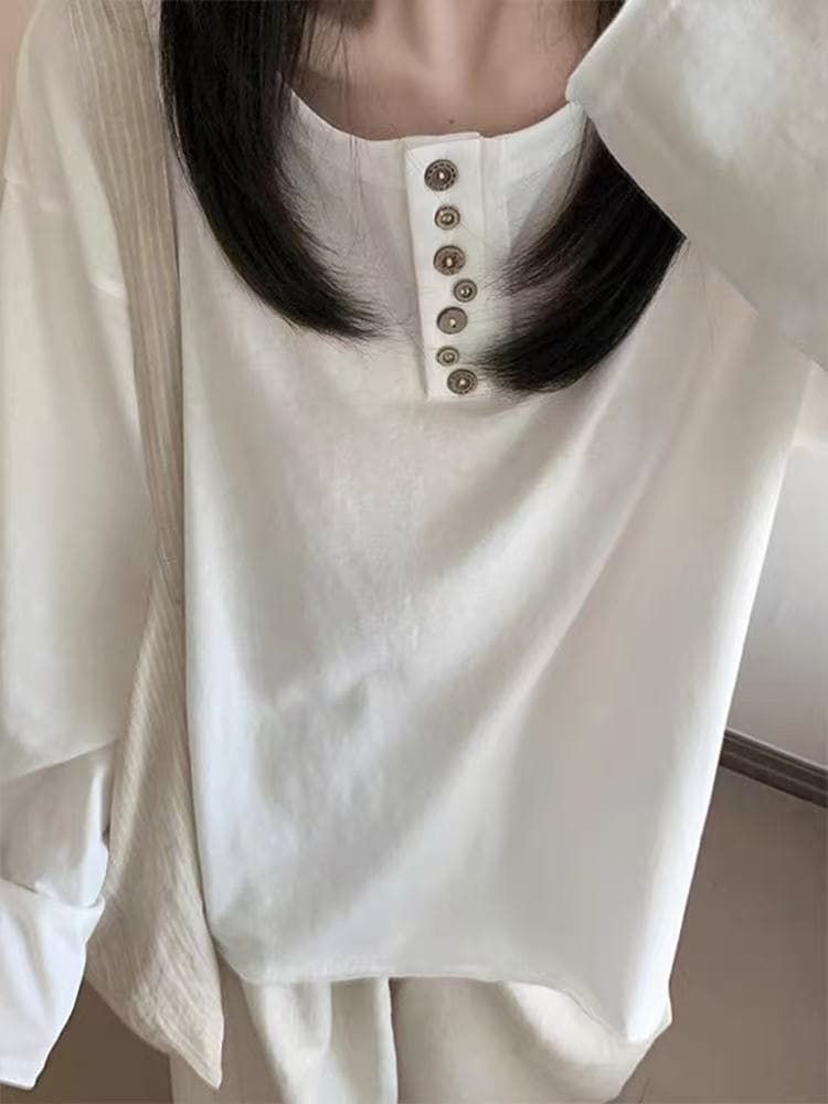 헨리 칼라 화이트 긴팔 티셔츠 여성 불규칙 버튼 한 부서 chic 루즈핏 다용도 기본 셔츠 맨위 가을 상세 이미지 4