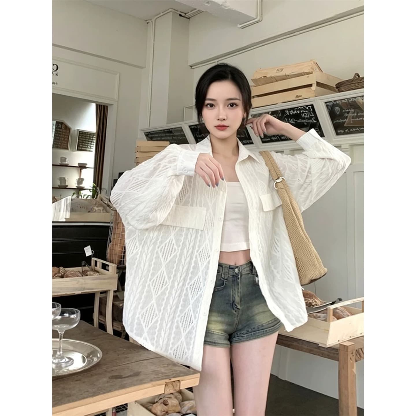 얇은 스타일 태양 보호 셔츠 여성 코트 가을 홀로우 아웃 자수 셔츠 맨위 이미지 5