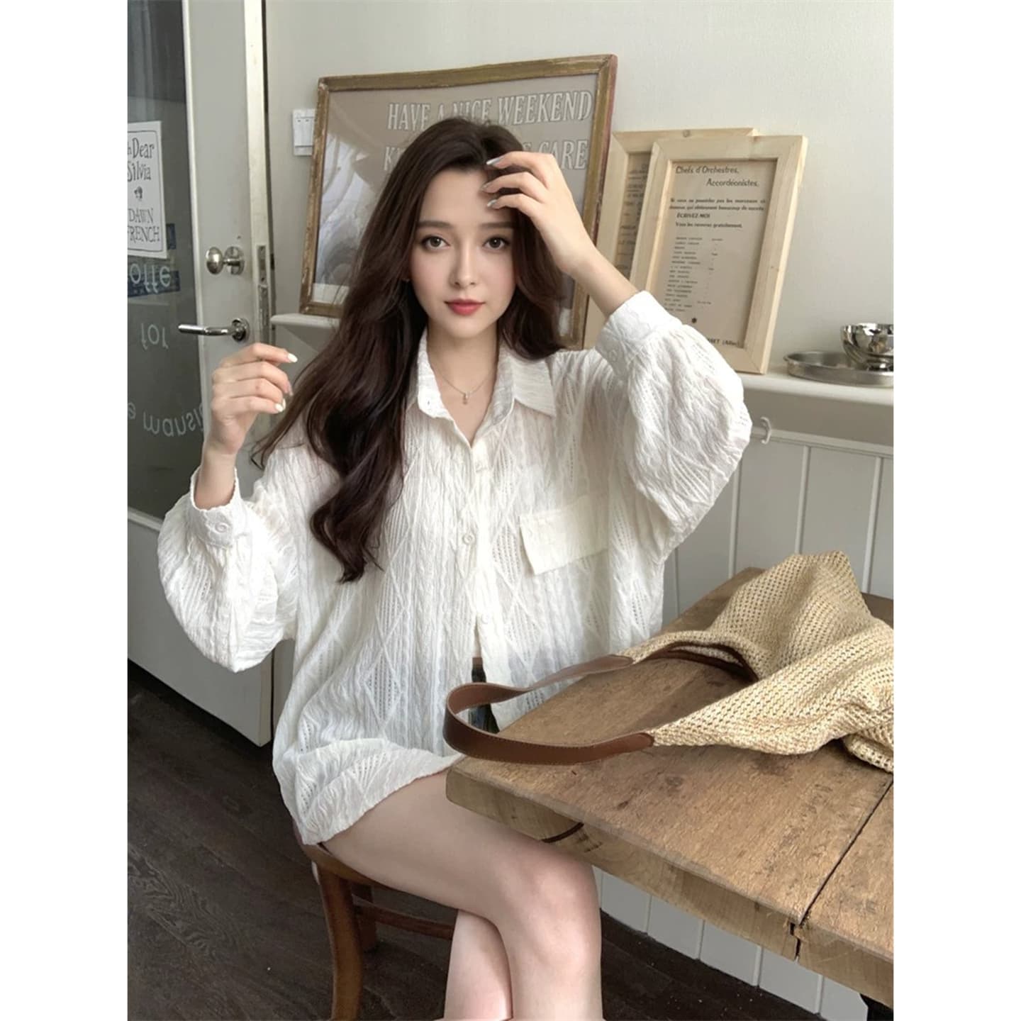 얇은 스타일 태양 보호 셔츠 여성 코트 가을 홀로우 아웃 자수 셔츠 맨위 상세 이미지 1