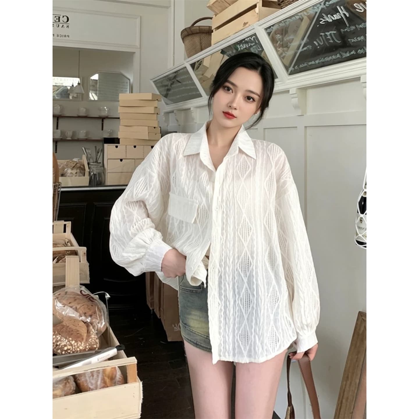 얇은 스타일 태양 보호 셔츠 여성 코트 가을 홀로우 아웃 자수 셔츠 맨위 상세 이미지 2