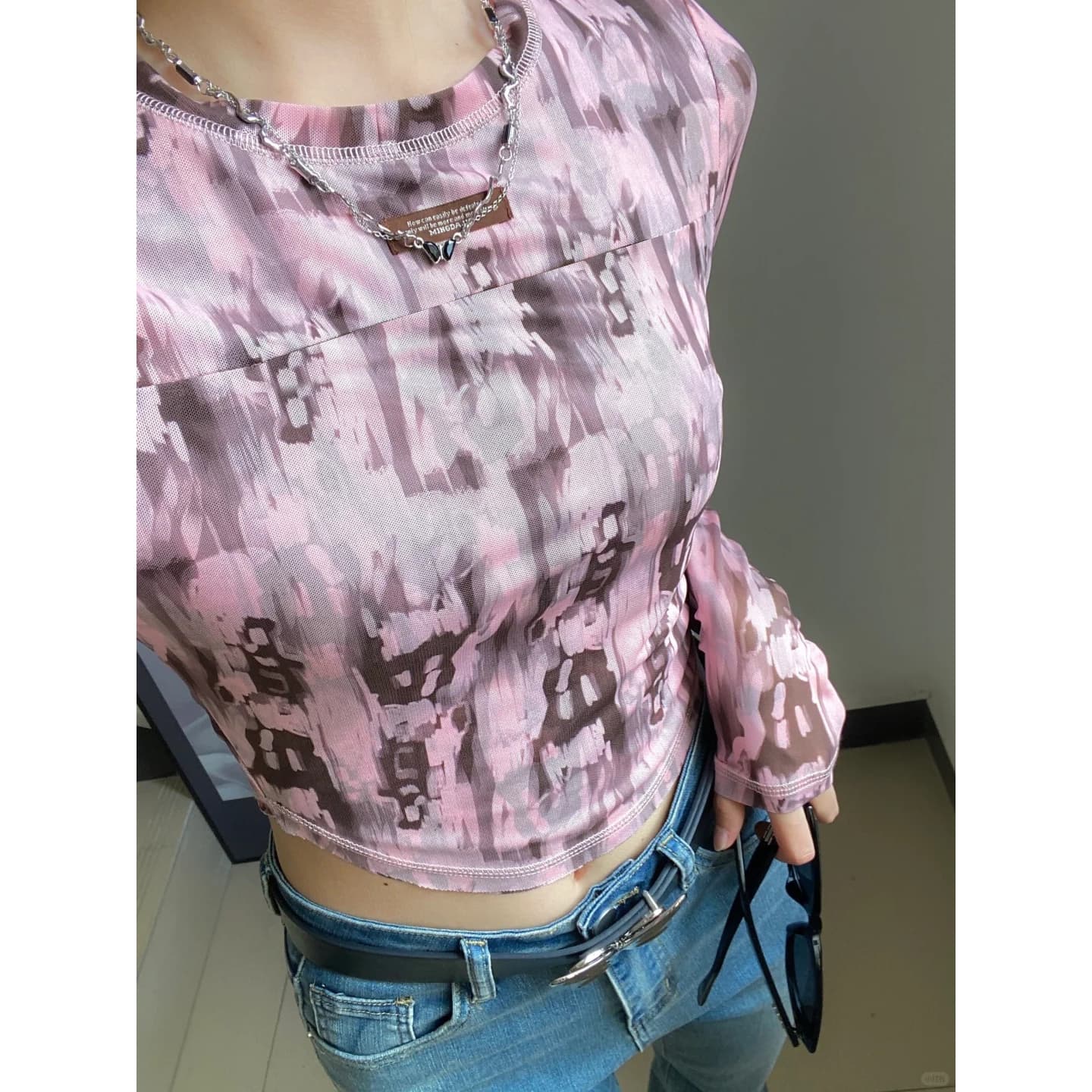 순수한 욕망 바람 달콤한 핫걸 홀치기 염색 긴팔 티셔츠 여성 이른 가을 불규칙 디자인 센스 쇼트 스타일 맨위 상세 이미지 1