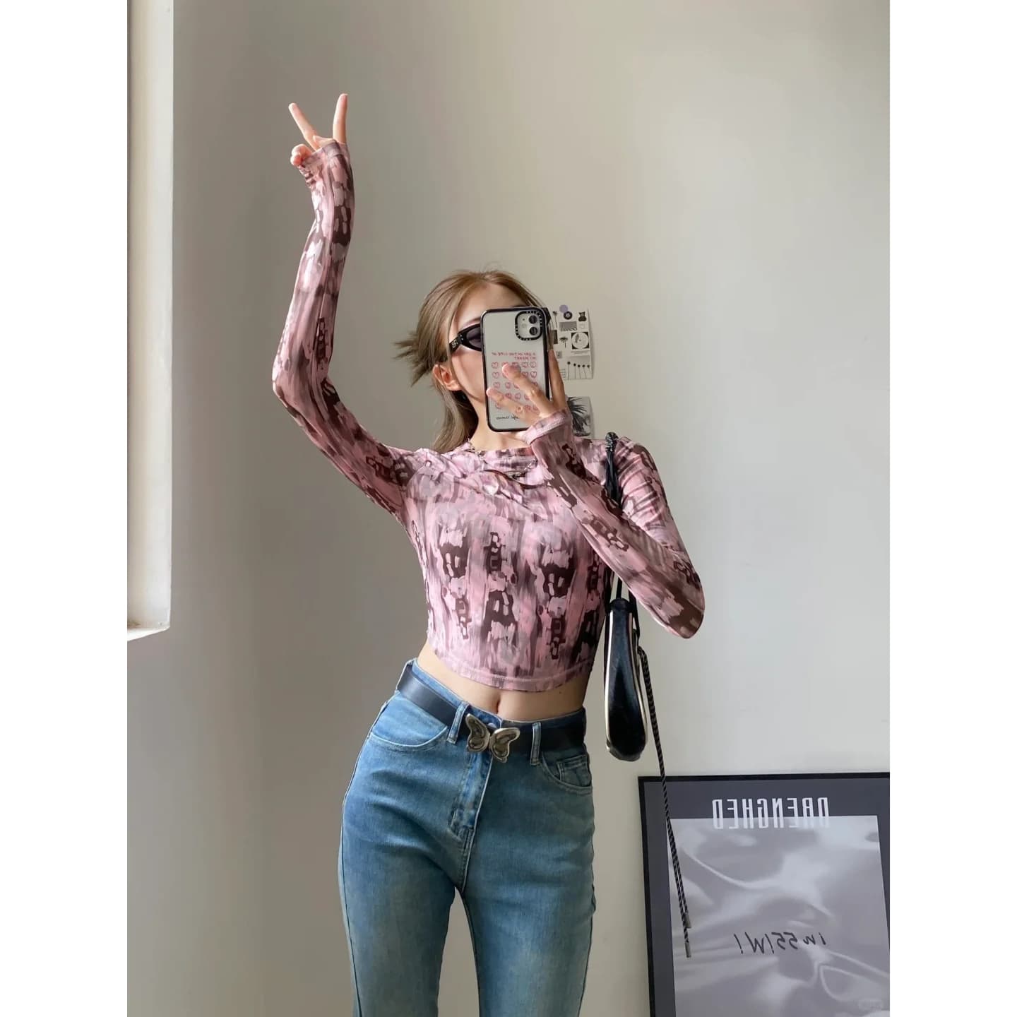 순수한 욕망 바람 달콤한 핫걸 홀치기 염색 긴팔 티셔츠 여성 이른 가을 불규칙 디자인 센스 쇼트 스타일 맨위 상세 이미지 5