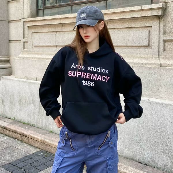 아메리칸 레트로 알파벳 배색 프린트 후드 티 스웨터 여성 루즈핏 풀오버 커플 맨위 ins 상세 이미지 1